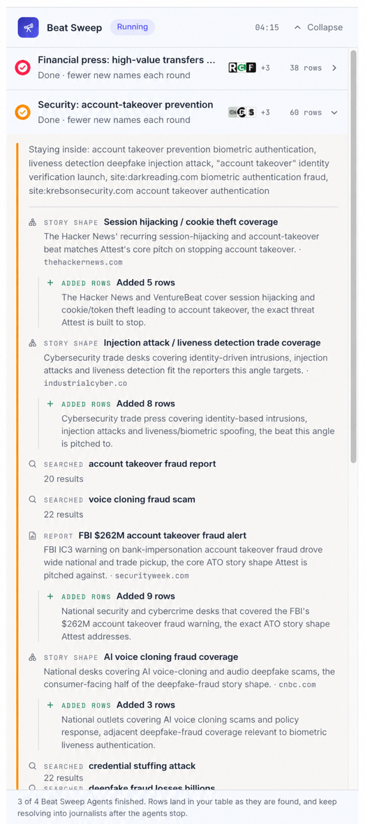 Expanded Beat Sweep Agent activity for the security angle, with searches, story shapes, reports, and added rows