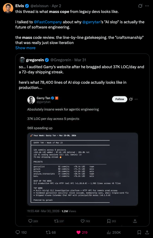 X post by Elvis Sun arguing that Garry Tan's so-called AI slop represents the future of software engineering, showing 250K views